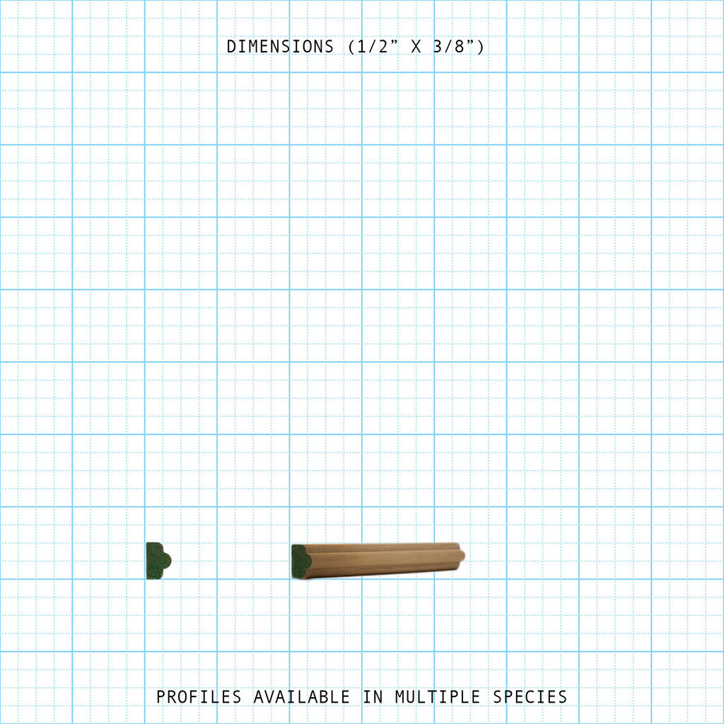 1/2" x 3/8" wood moulding profile on a grid, showing shape. Available in multiple species.