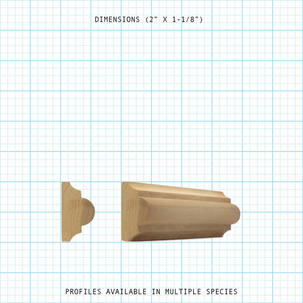 Wooden trim molding profile, 2" x 1-1/8", shown on a grid background.