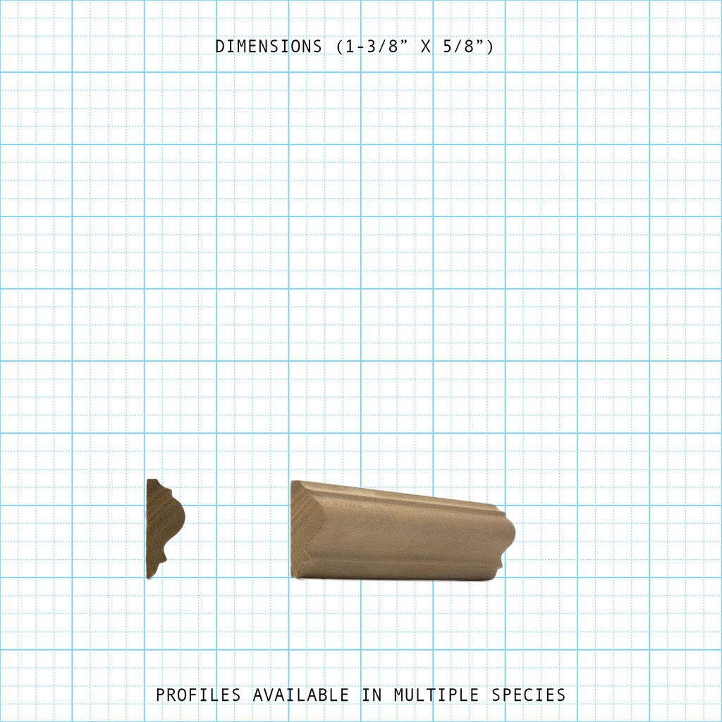 Light brown wood moulding trim profile with cross-section & dimensions 1-3/8" x 5/8".