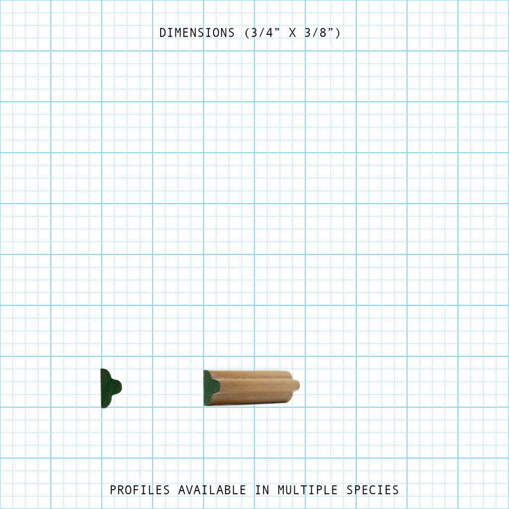 Wood molding profile (3/4" x 3/8") on graph paper, shown in cross-section and a short piece.