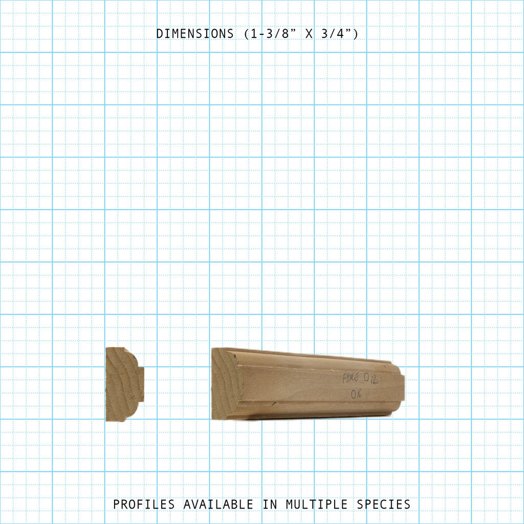 Wood molding profile measuring 1-3/8" x 3/4", available in various wood species.