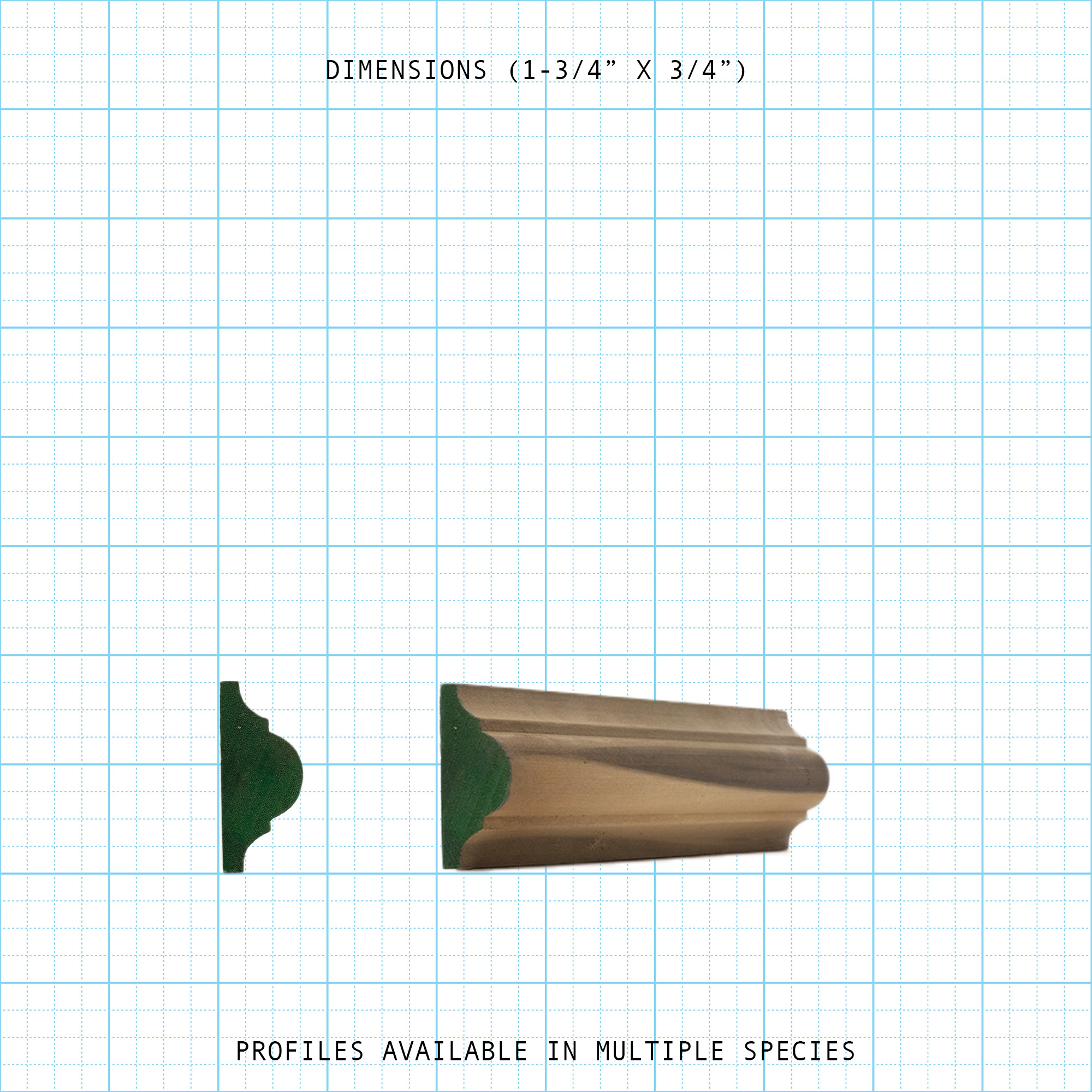 Wood molding profile, 1-3/4" x 3/4", featuring a decorative curved design. Available in multiple species.