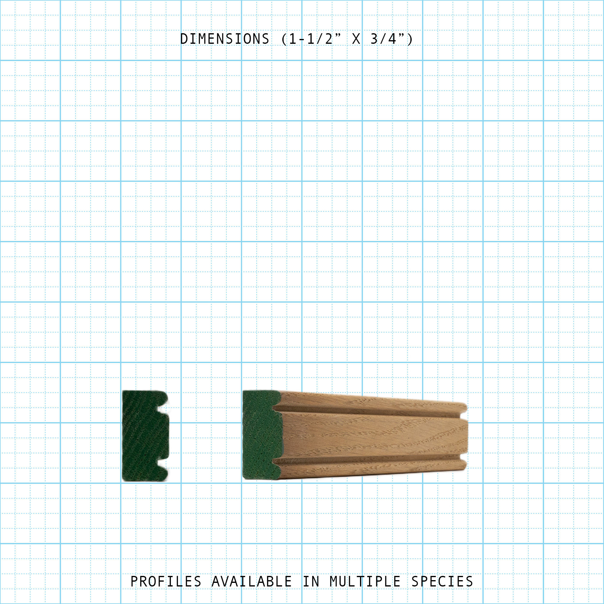 Wood molding, 1-1/2" x 3/4" profile. Shows cross-section & length. Available in multiple species.