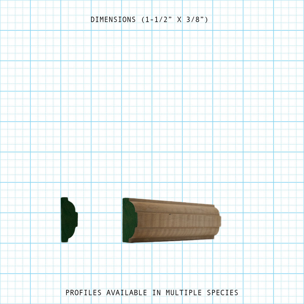 Wooden molding profile, 1-1/2" x 3/8", showing cross-section and full piece on a grid background.