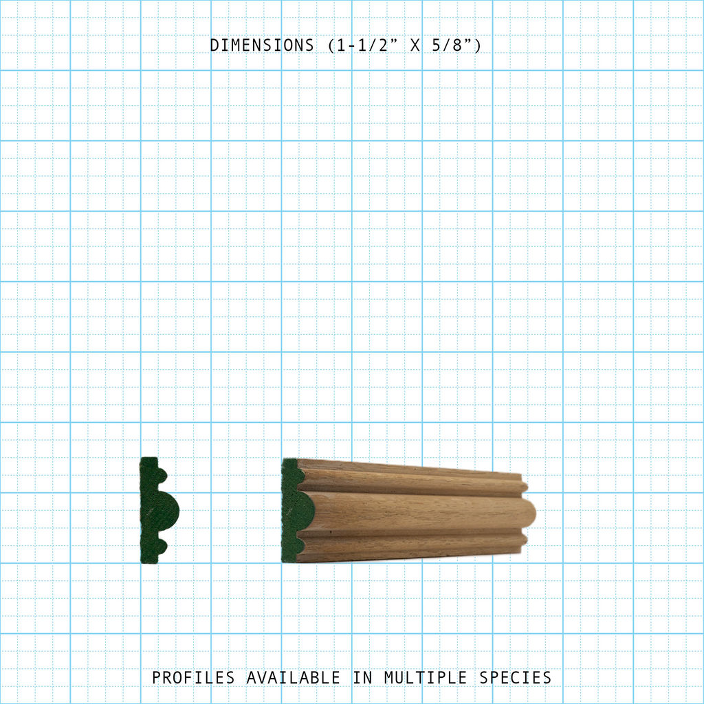 Decorative wood molding profile measuring 1-1/2" x 5/8", with cross-section view on grid paper.