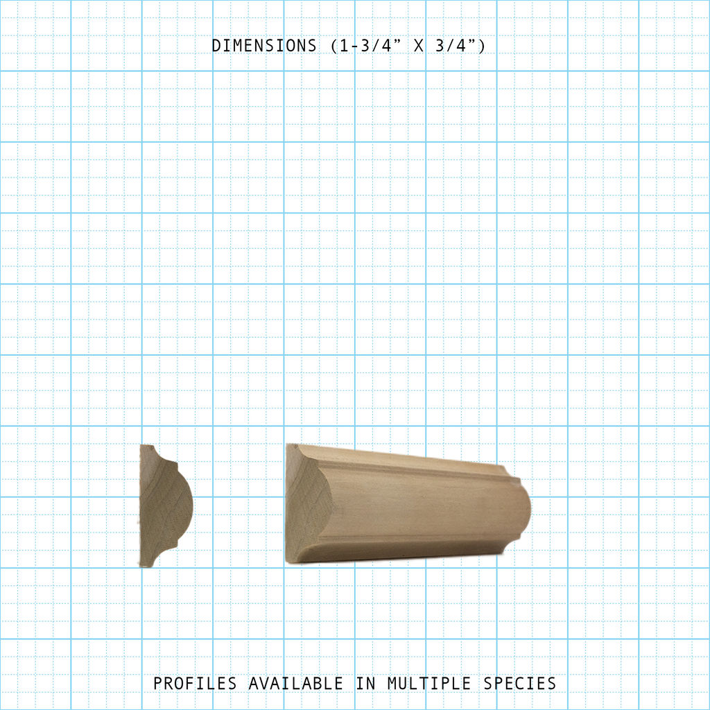 Wood molding profile (1-3/4" x 3/4") displayed on a grid background.