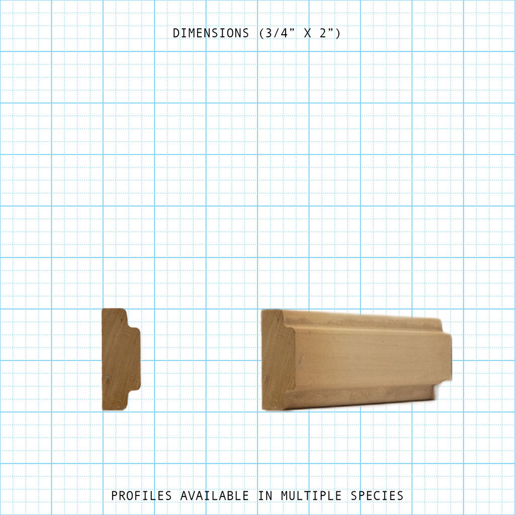 Wooden molding profile, 3/4 x 2 inches, shown in cross-section and full length against a grid background.