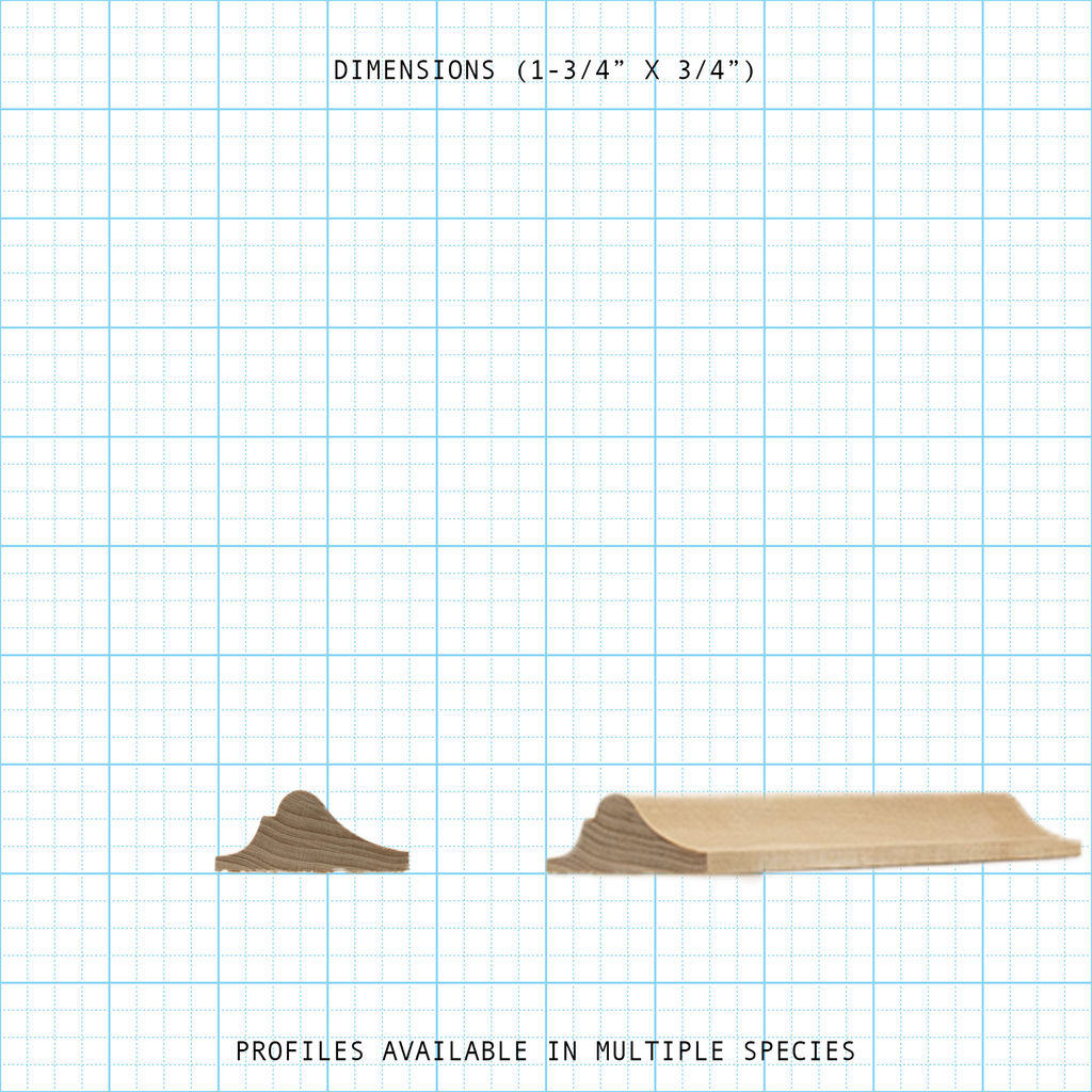 Detailed view of wood moulding trim profile (1-3/4" x 3/4") available in various wood species.