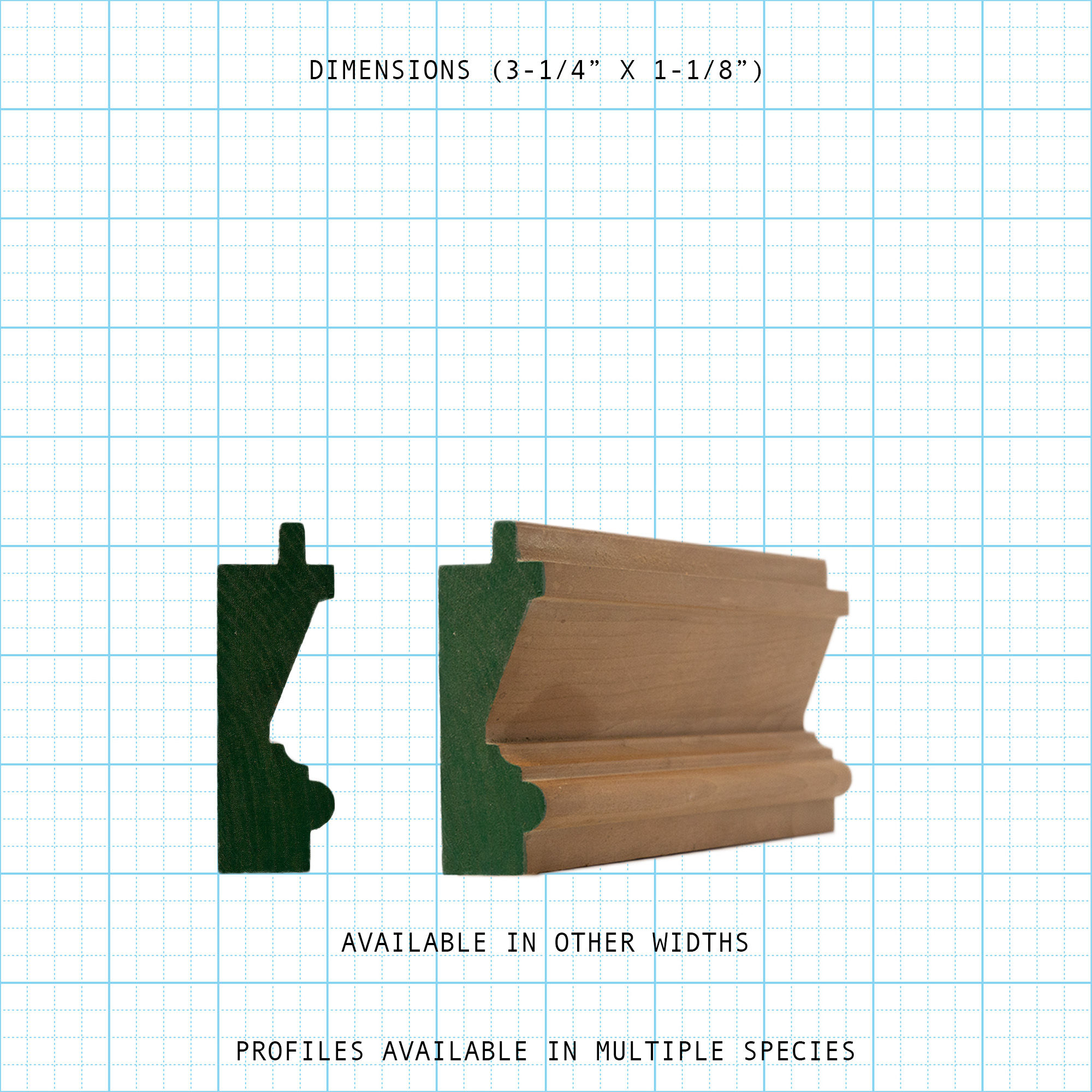 Decorative wood back band moulding profile with 3-1/4" x 1-1/8" dimensions.