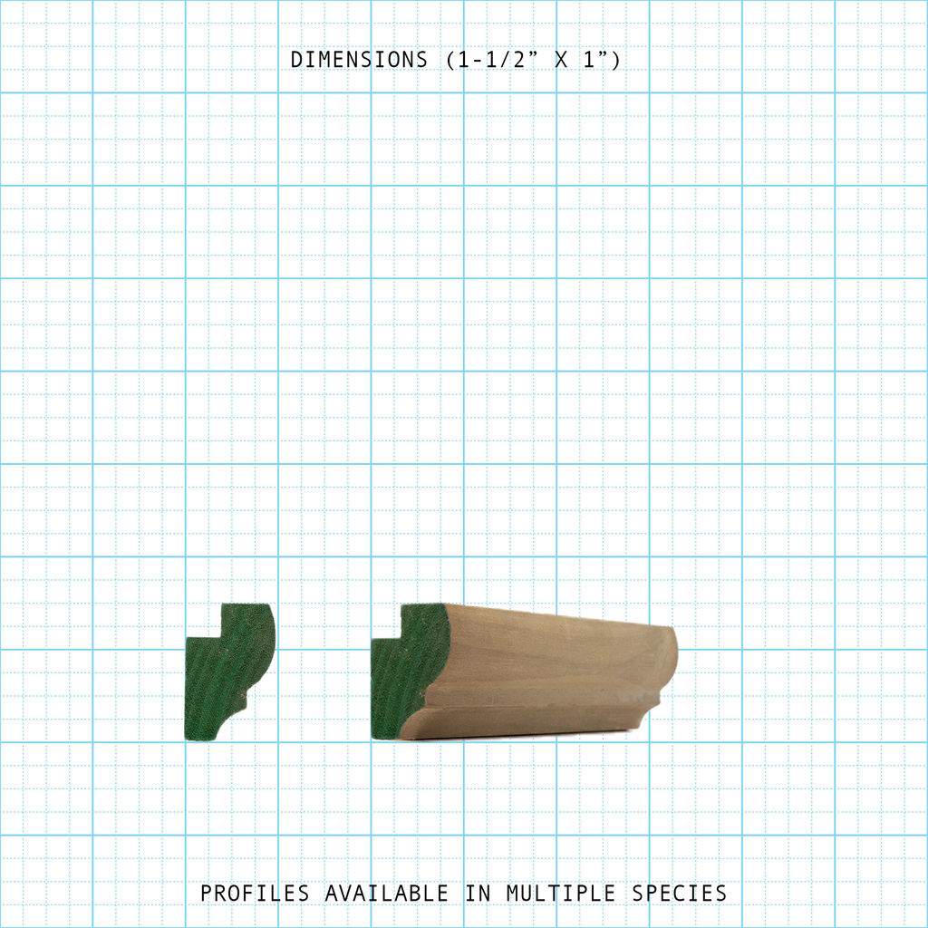 Wood back band molding profile, 1-1/2" x 1" dimensions, available in multiple species.