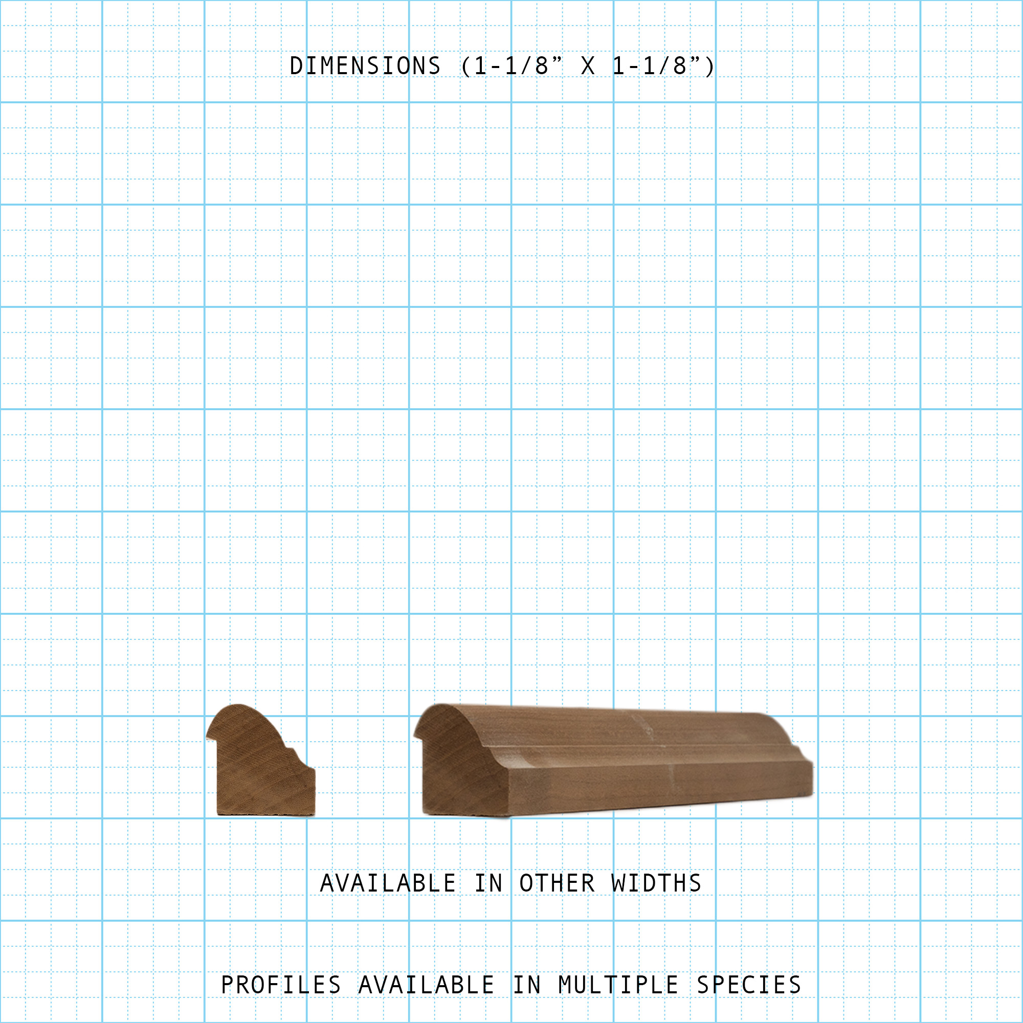 Back Band molding profile (1-1/8" x 1-1/8") shown, available in various widths and species.