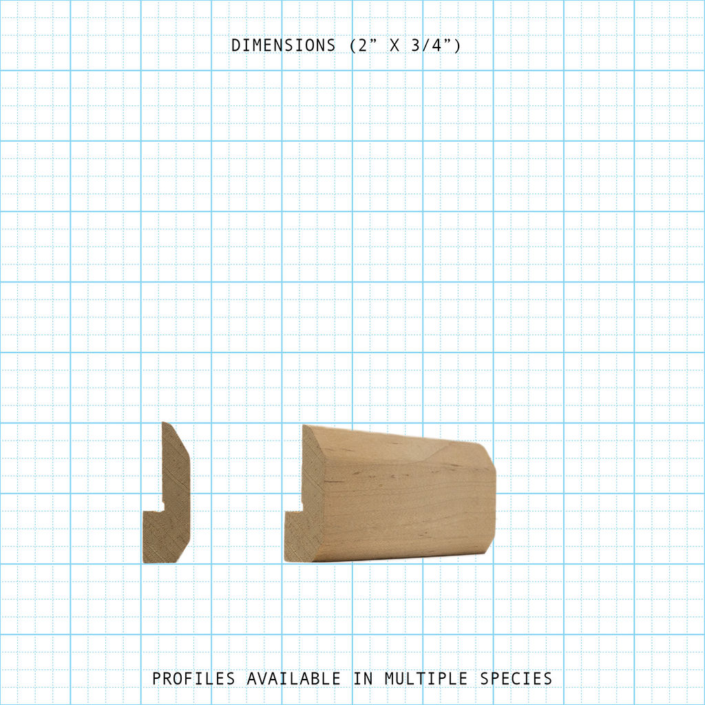 Wooden Back Band molding profile and dimensions (2" x 3/4") on a grid background.