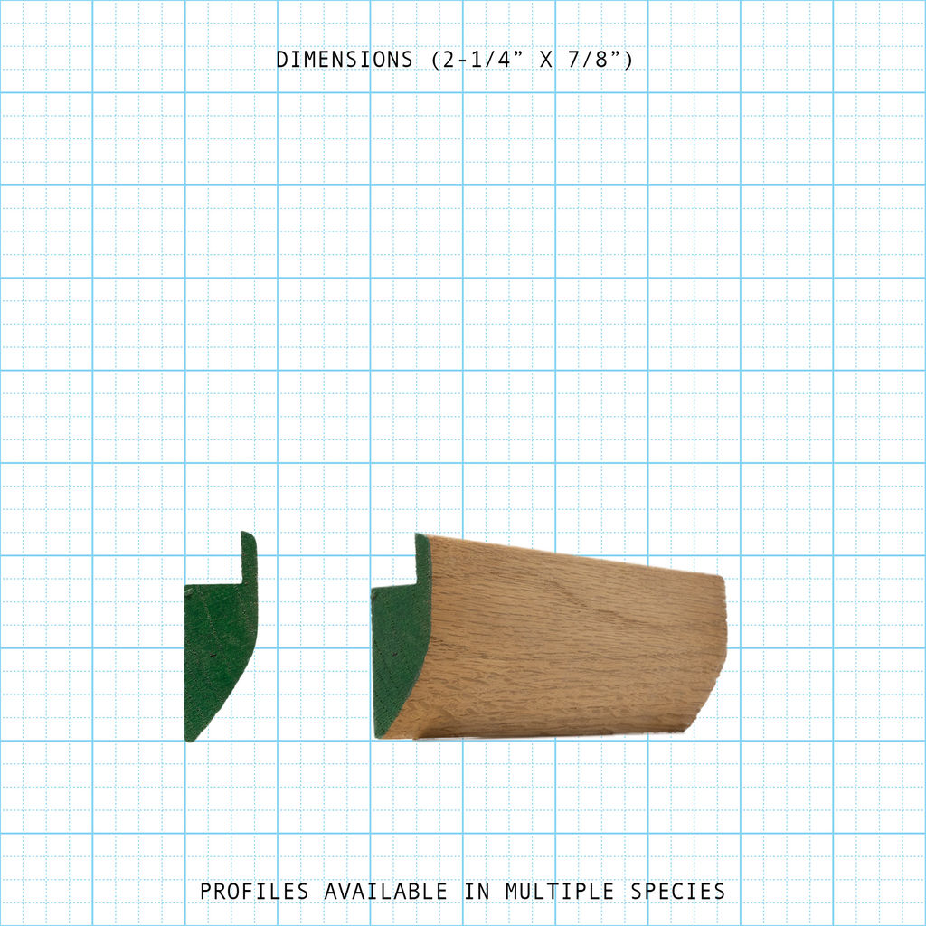 Back band molding profile, showing cross-section and full wood piece with 2-1/4" x 7/8" dimensions.