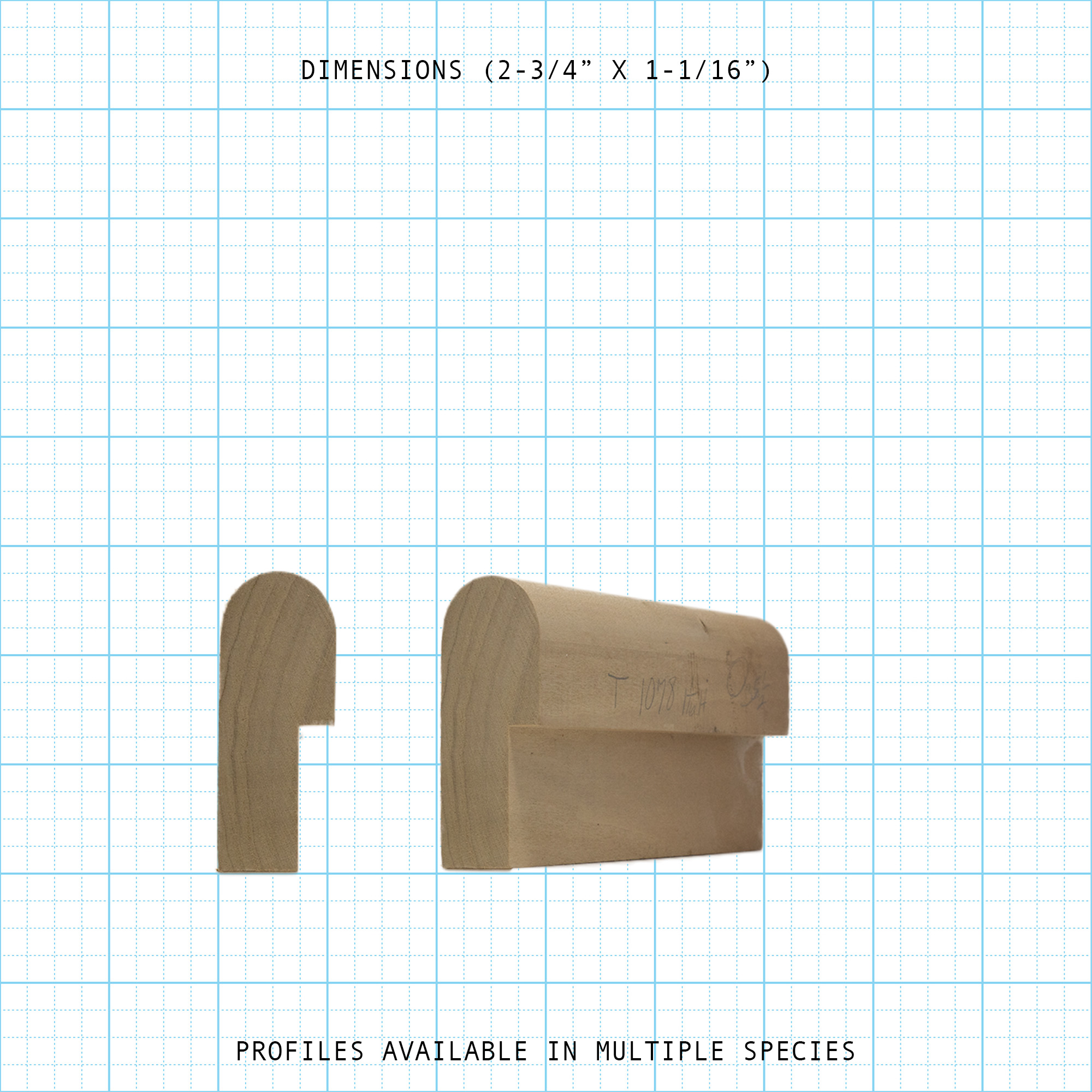 Back Band profile, 2-3/4" x 1-1/16" wood trim with a rounded top and stepped edge.