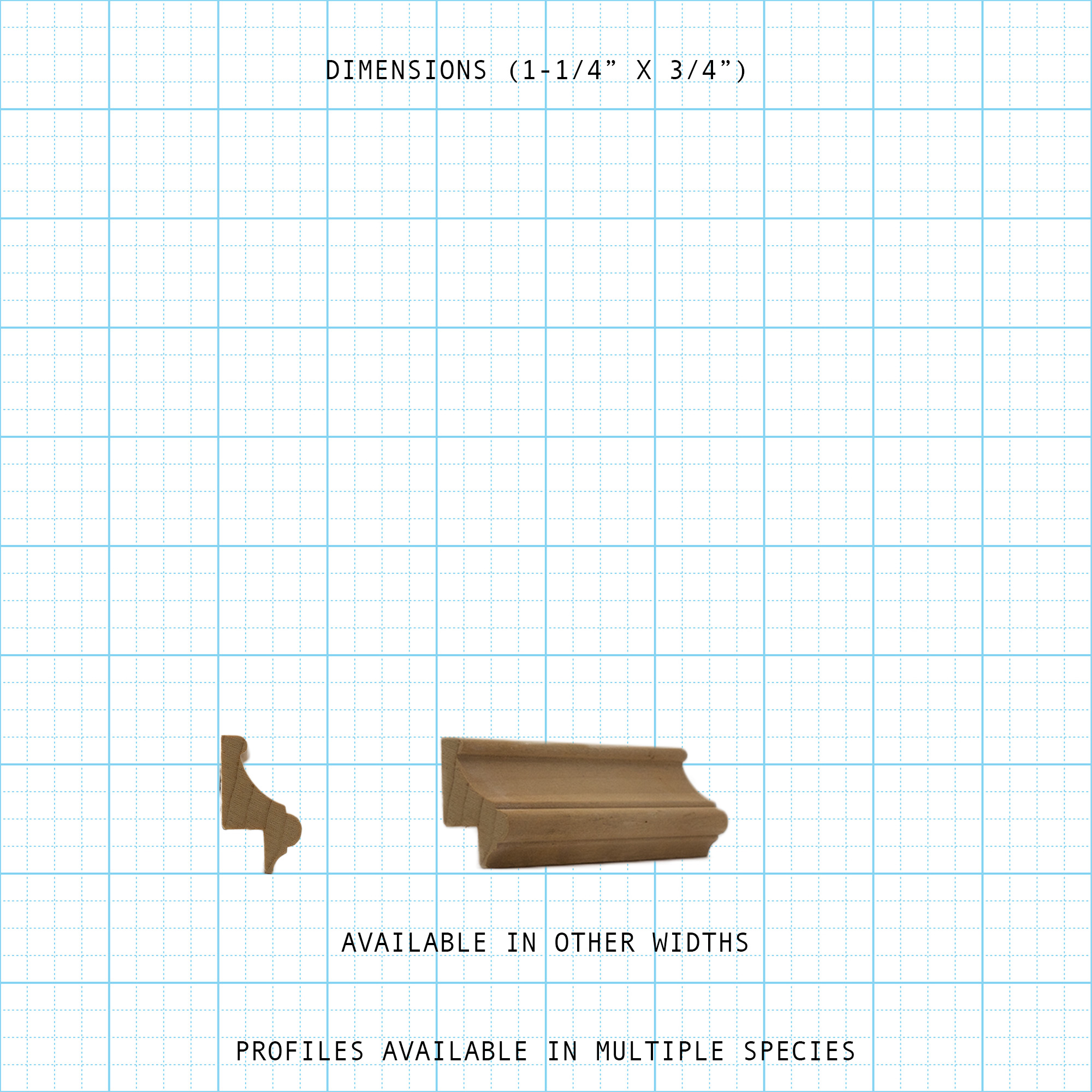 Two views of a wooden Back Band molding, showing its 1-1/4" x 3/4" profile.
