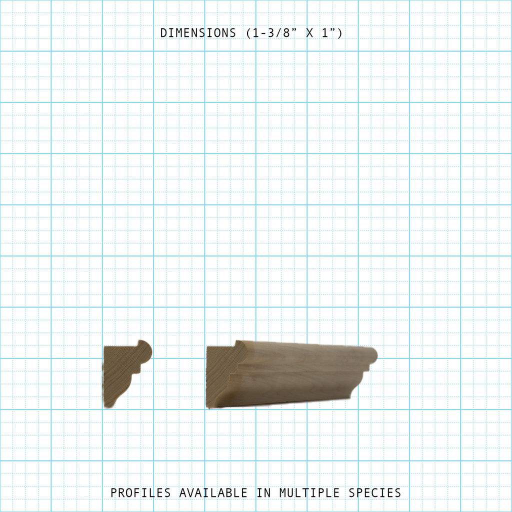 Back Band molding profile, 1-3/8" x 1" dimensions. Available in various wood species.