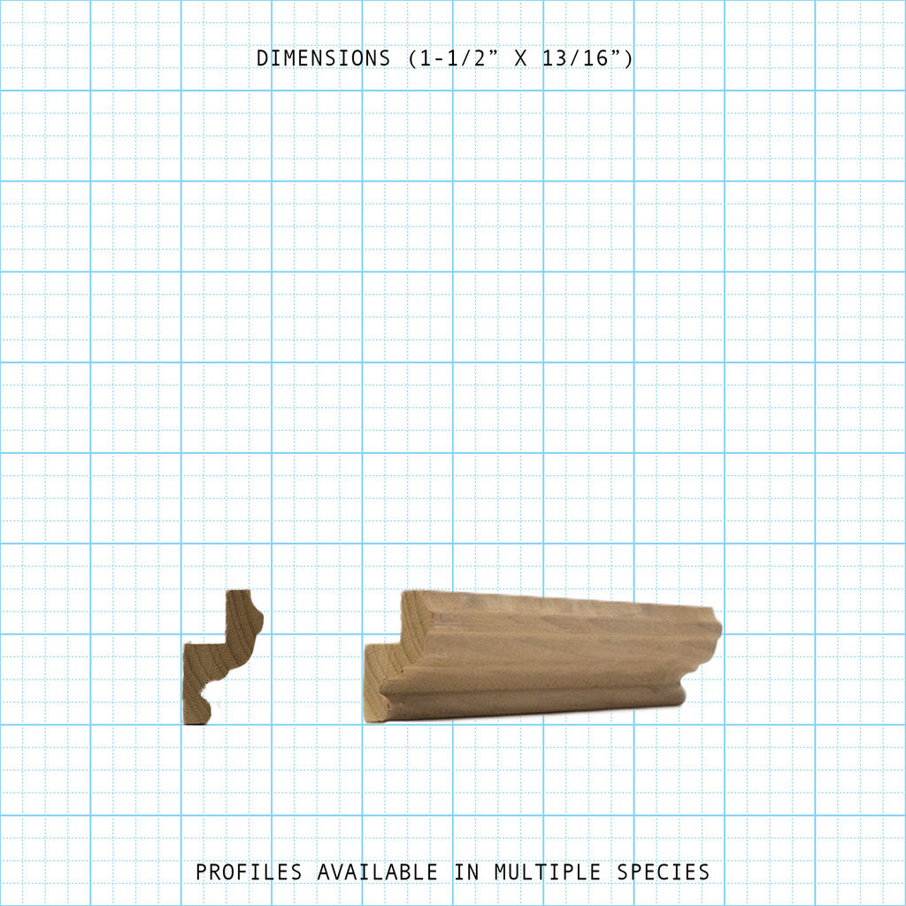 Back Band wood trim profile with dimensions shown, 1-1/2" x 13/16".