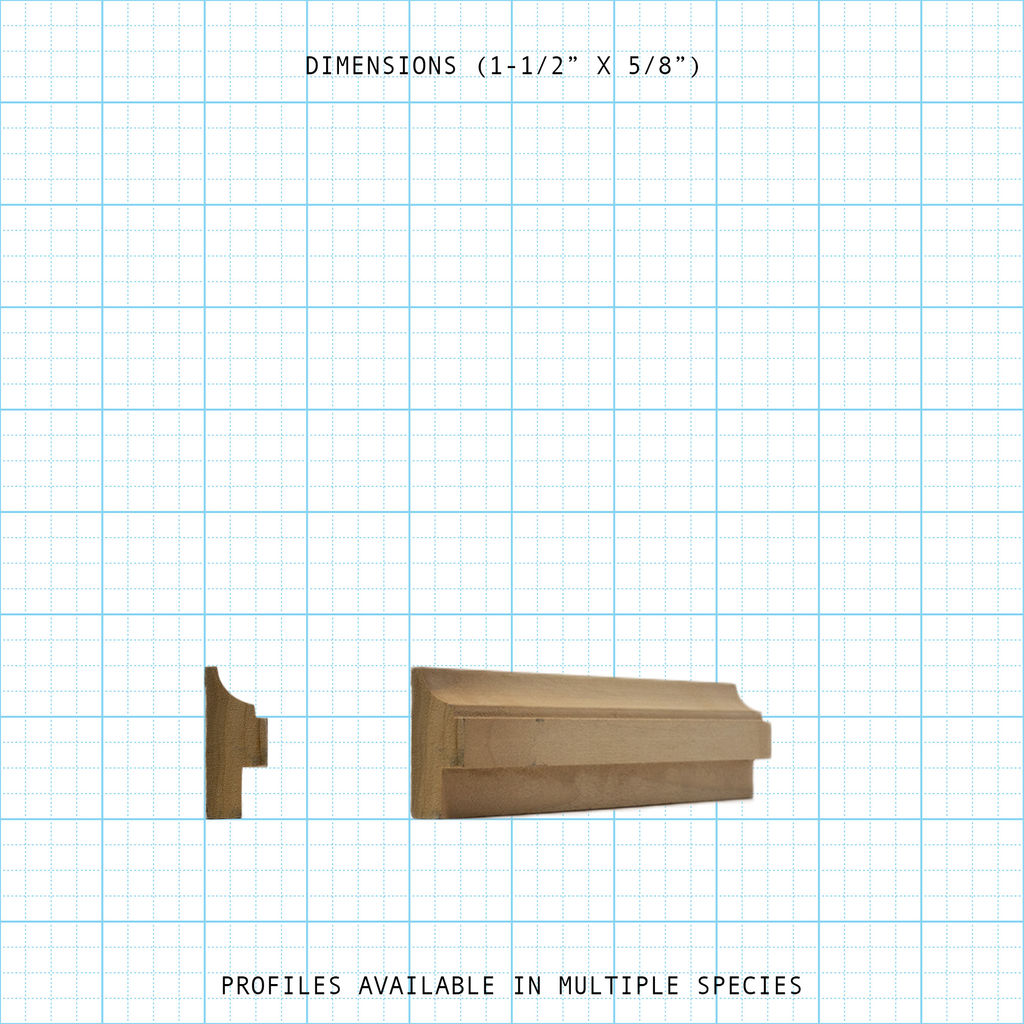 Back Band molding profile showing dimensions 1-1/2" x 5/8", available in multiple wood species.