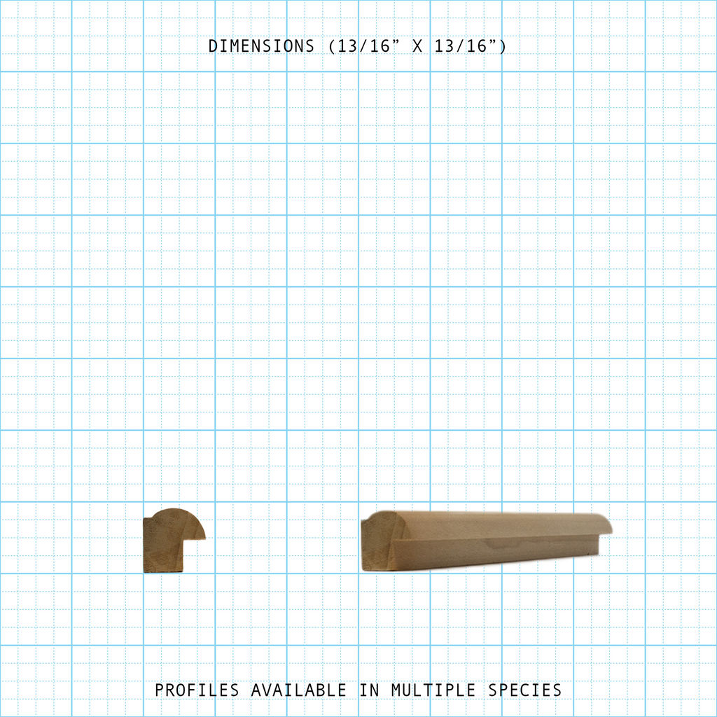 Back Band wood molding profile, 13/16" x 13/16", displayed in cross-section and full length.