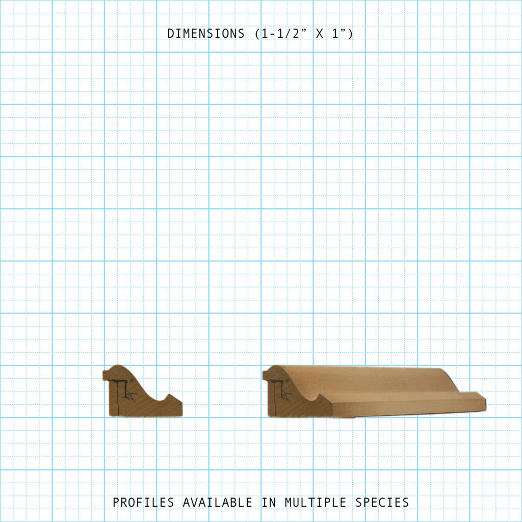 Back band molding profile, 1-1/2" x 1" dimensions, available in multiple species.