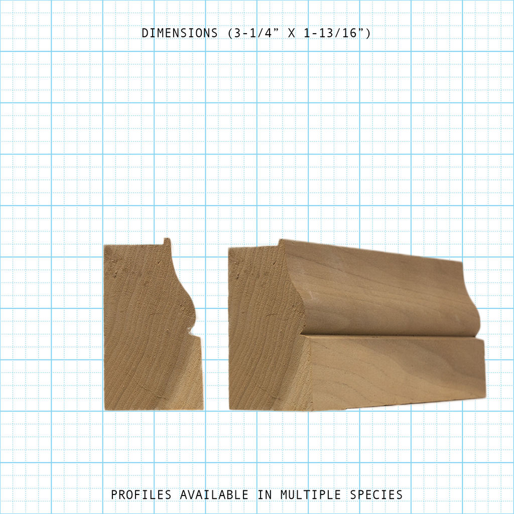 Classic wooden Back Band molding profile, 3-1/4" x 1-13/16" dimensions.