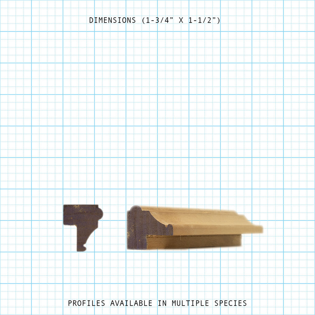 Back Band molding profile with dimensions 1-3/4" x 1-1/2", available in multiple species.
