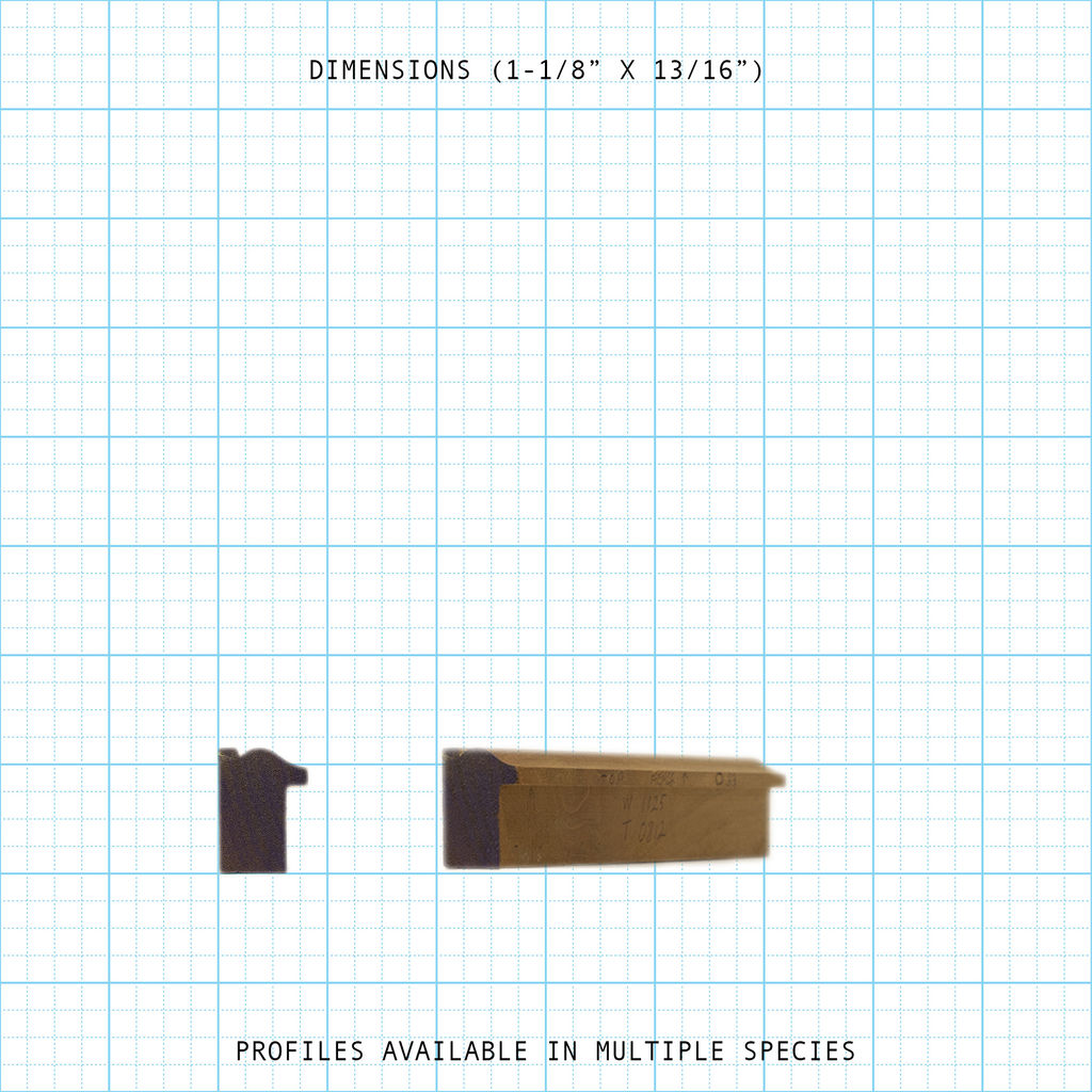 Back Band wood molding profile (1-1/8" x 13/16"), shown with cross-section and side view. Multiple species.