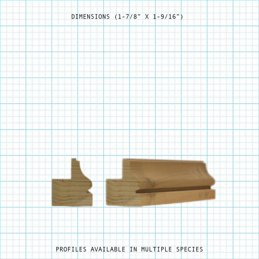 Wooden Back Band moulding profiles with dimensions 1-7/8" X 1-9/16", available in multiple species.