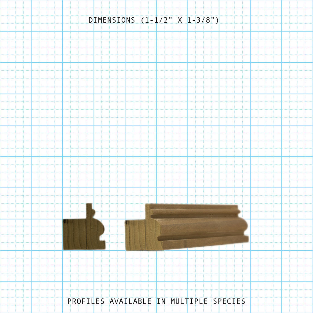 Wooden back band molding cross-section and full piece, 1-1/2" x 1-3/8" dimensions.