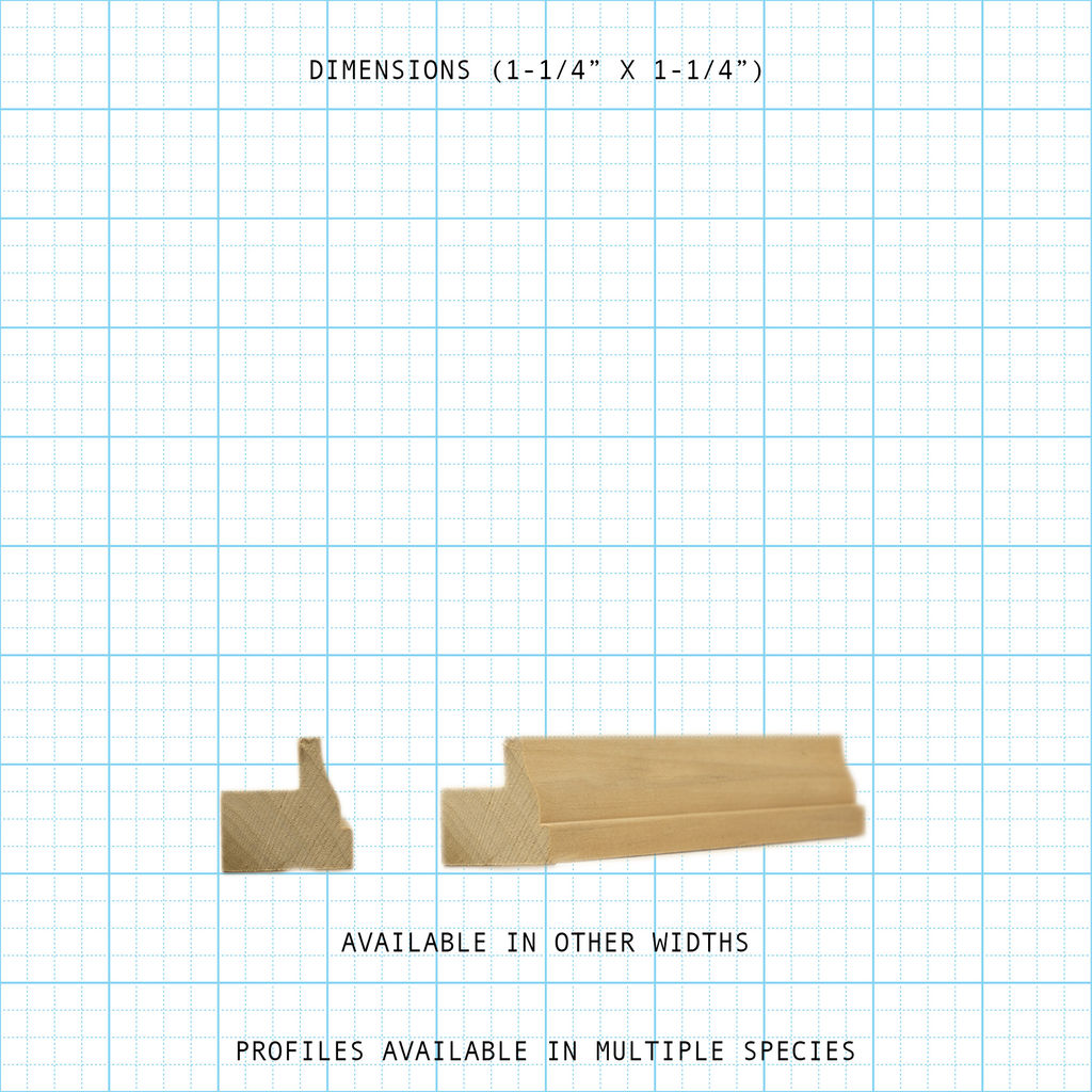 Wood back band moulding profiles on a grid, showing 1-1/4" dimensions. Available in other widths and species.