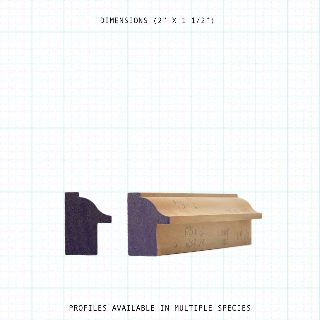 Wood back band molding profile, 2" x 1 1/2", available in multiple species.