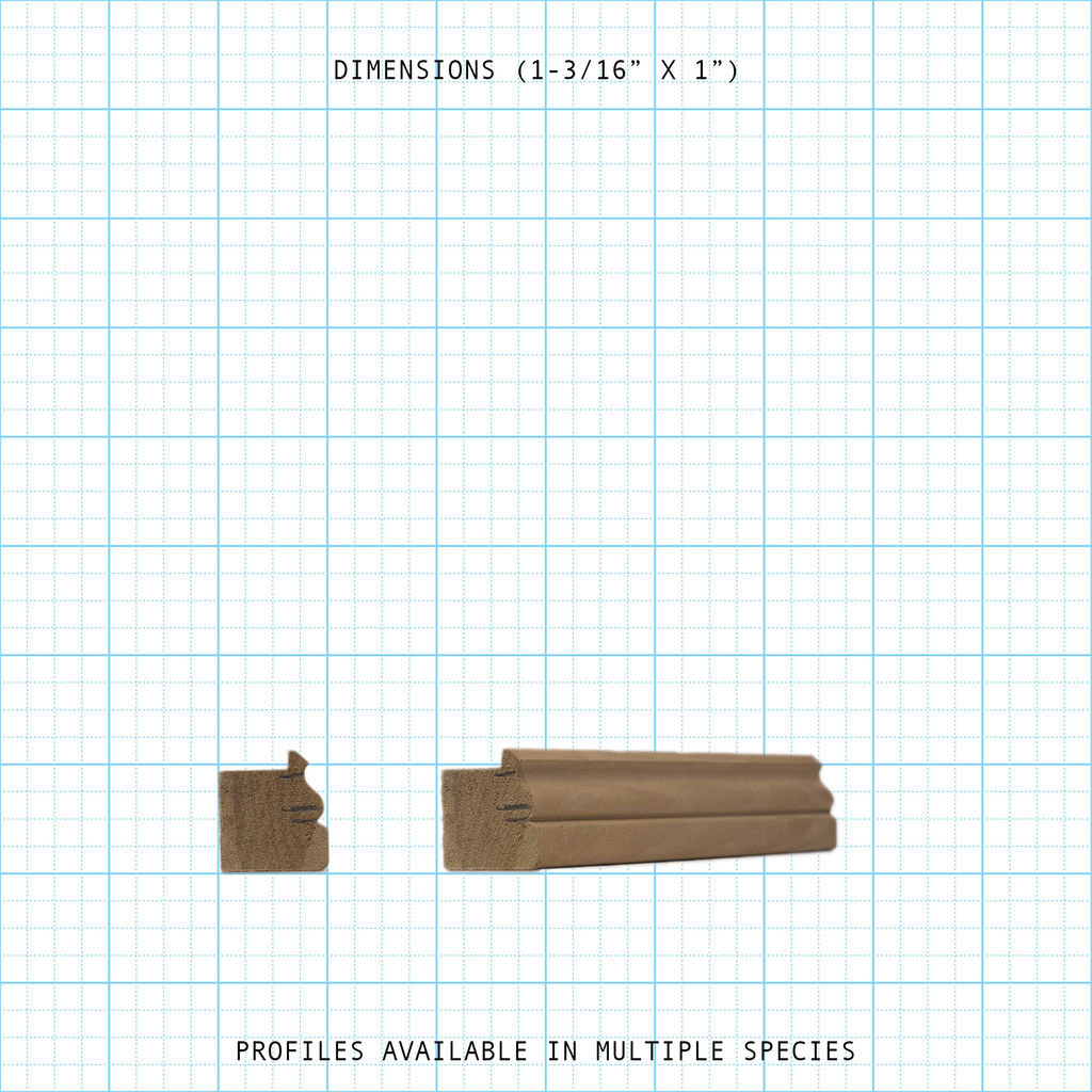 Wood back band molding profile (back band) with dimensions 1-3/16" x 1", available in multiple species.