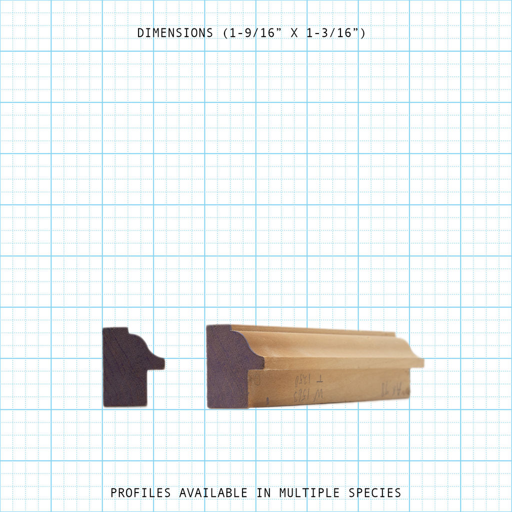 Back Band wood molding profile, 1-9/16" x 1-3/16" dimensions. Available in multiple wood species.
