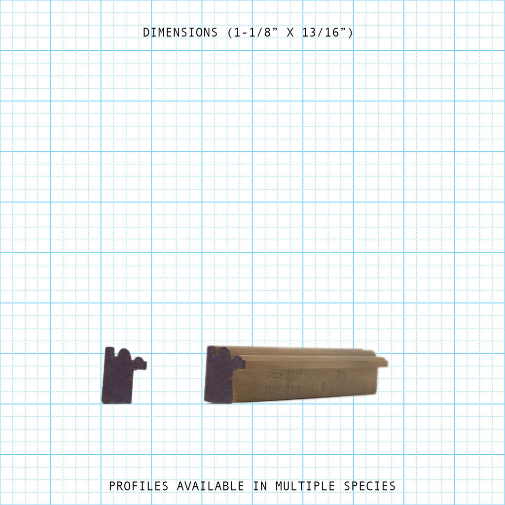Back Band wood molding profile samples, 1-1/8" x 13/16", available in multiple species.