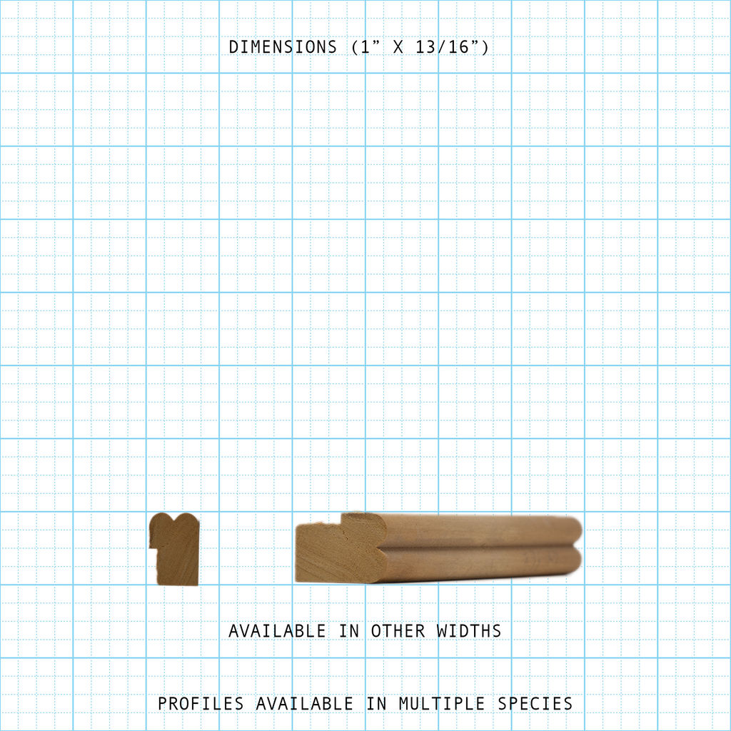 Back band molding profile, 1" x 13/16" dimensions, available in multiple species and widths.