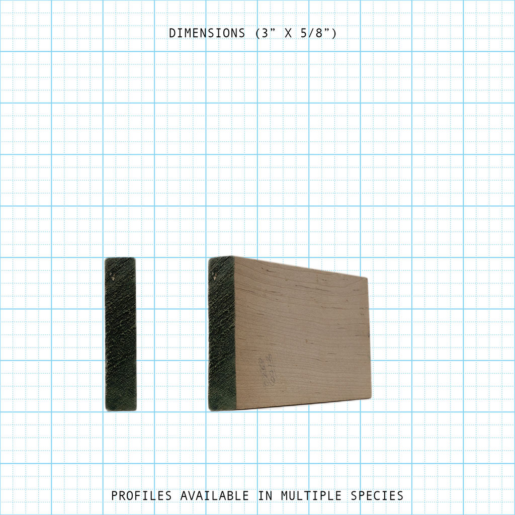 Base molding profile with 3" x 5/8" dimensions, available in multiple species.
