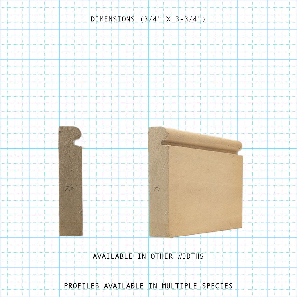 Base molding profile shown with dimensions 3/4" x 3-3/4", available in other widths and species.