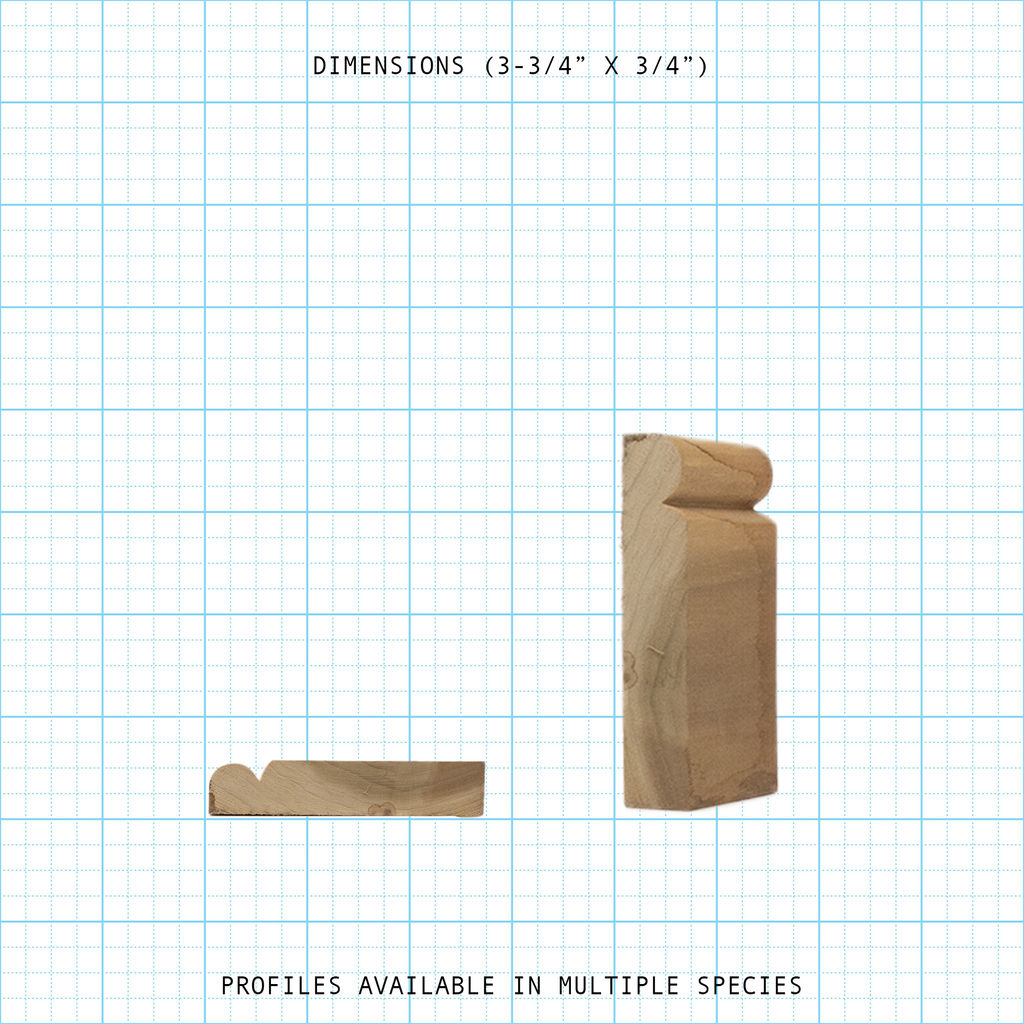 Wood base molding profile (3-3/4" x 3/4") shown in cross-section and side views.