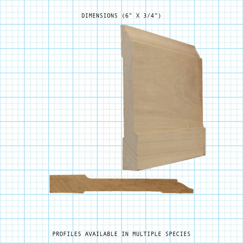 6" x 3/4" base molding profile, shown from side and top, available in multiple wood species.