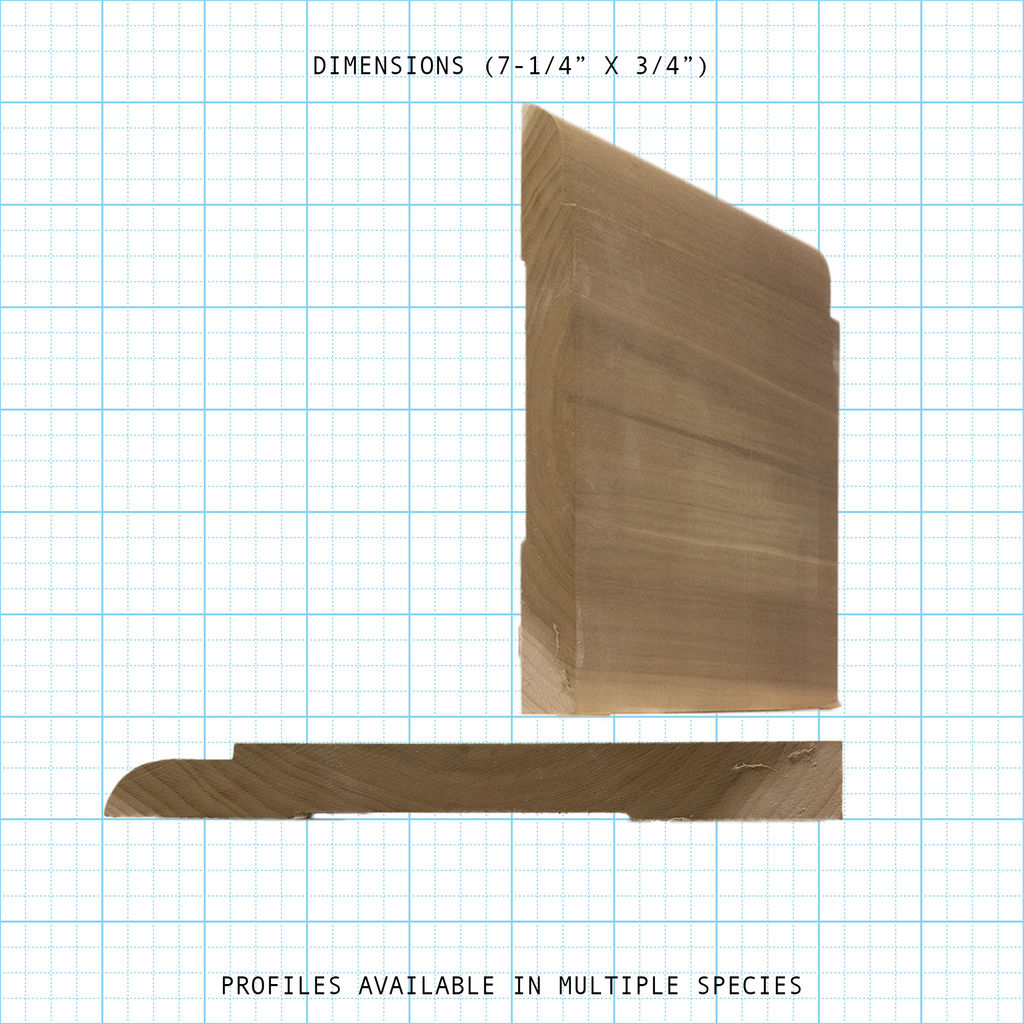 Wood base molding profile, 7-1/4" x 3/4" dimensions shown on grid.