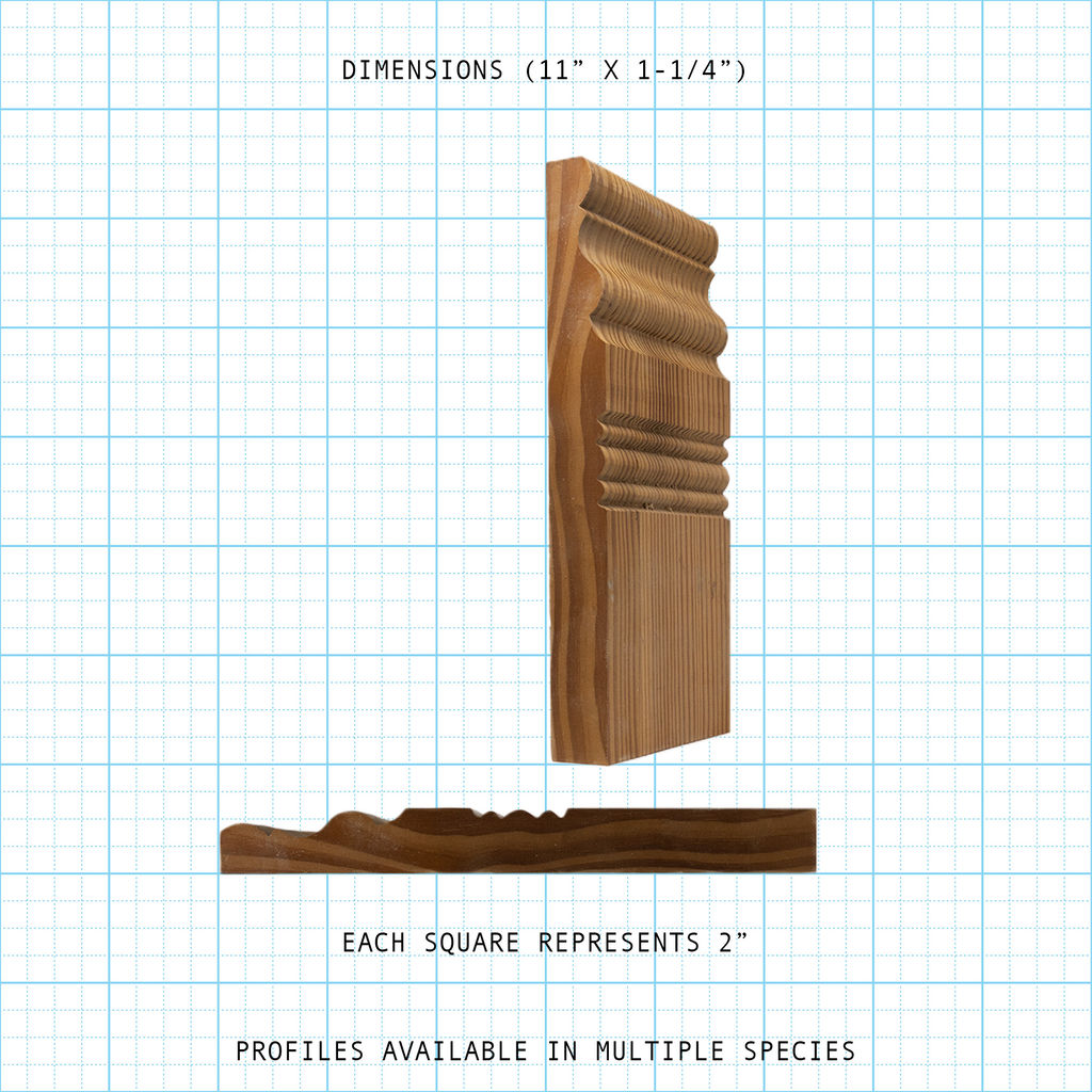 Detailed wooden base molding profile, 11" x 1-1/4", on a grid background.