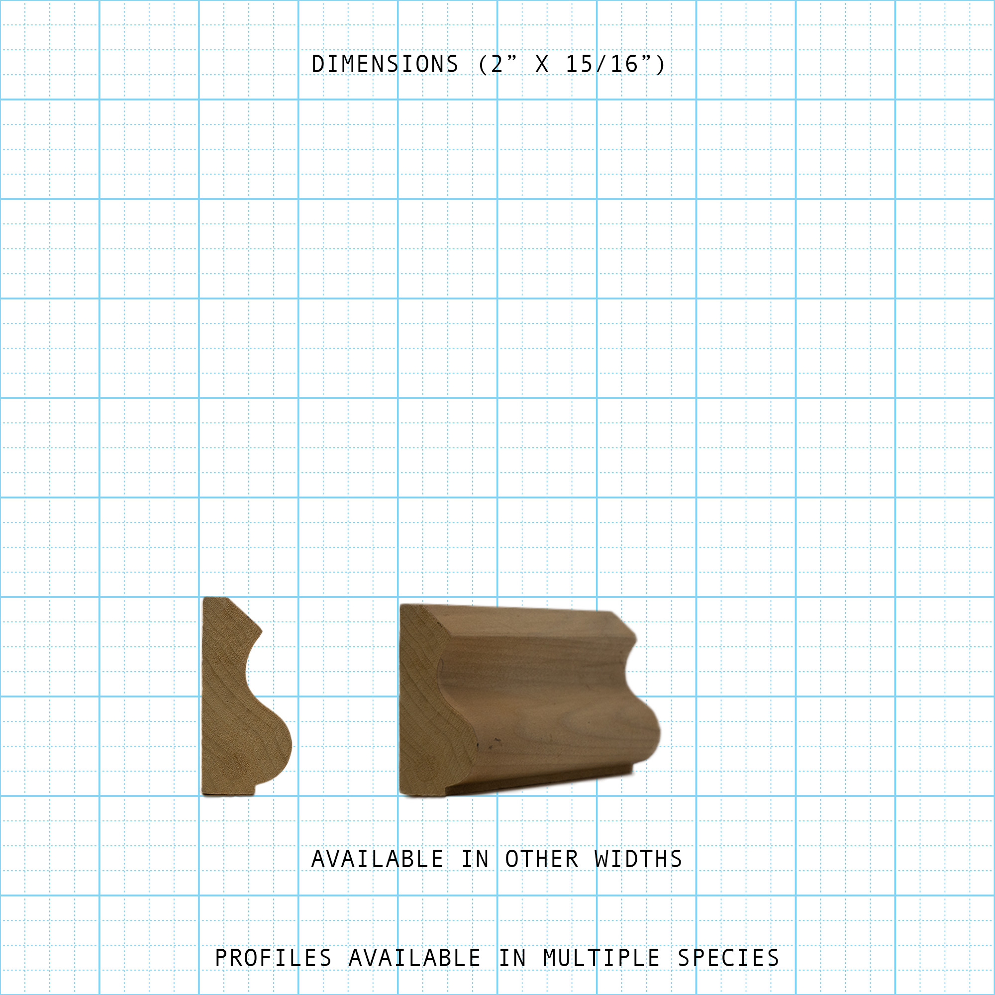 Wooden base cap molding profile with 2" x 15/16" dimensions on a grid background.