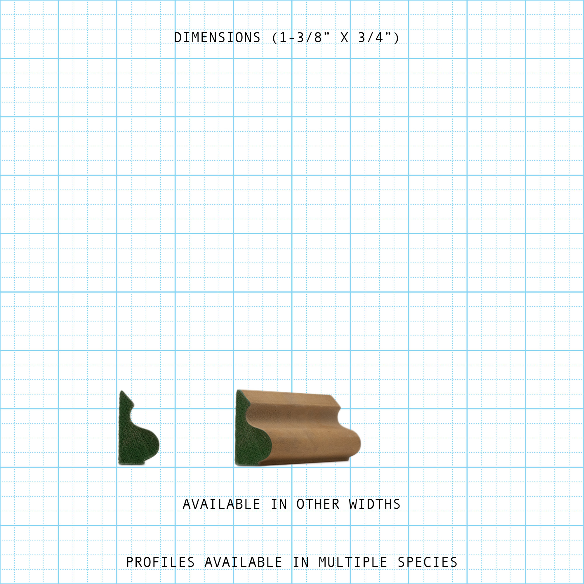 Base cap molding profile diagram with dimensions 1-3/8" x 3/4" on a grid.