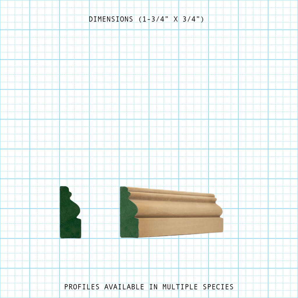 Base cap molding profile with dimensions 1-3/4 x 3/4 inches, available in multiple species.