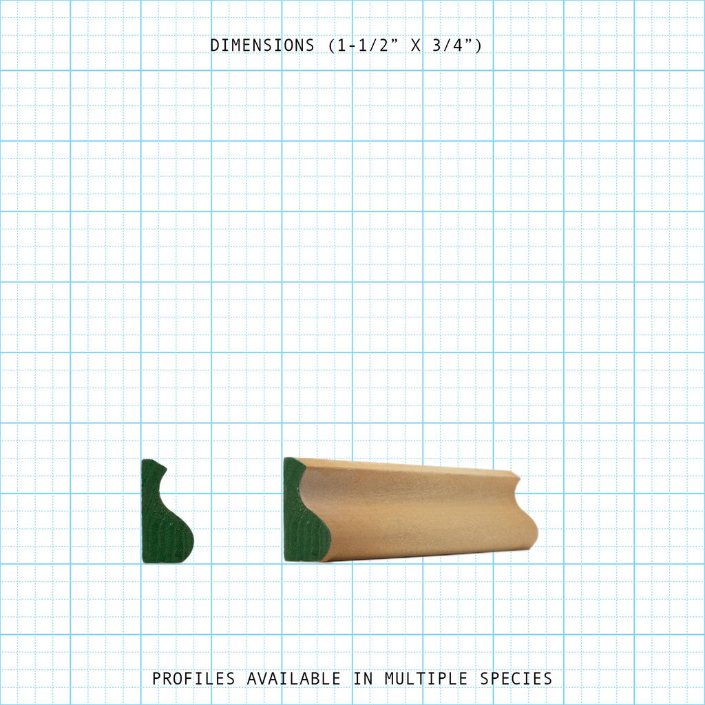 Base Cap molding profile showing cross-section and full piece, 1-1/2" x 3/4" dimensions.