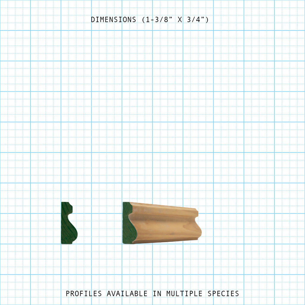 Base Cap molding profile, 1-3/8" x 3/4", in wood finish shown on a grid.