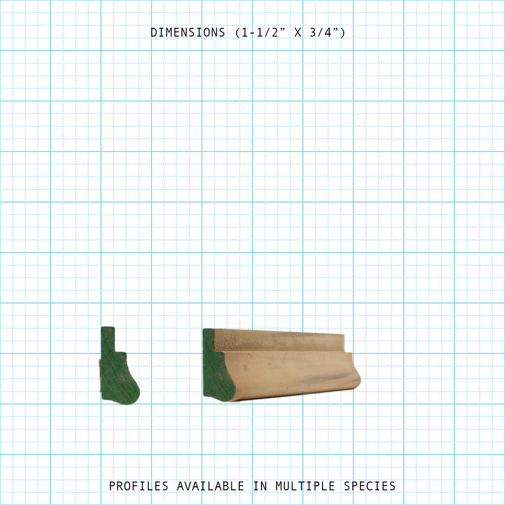Base Cap molding profile with dimensions 1-1/2" x 3/4" on a grid background.