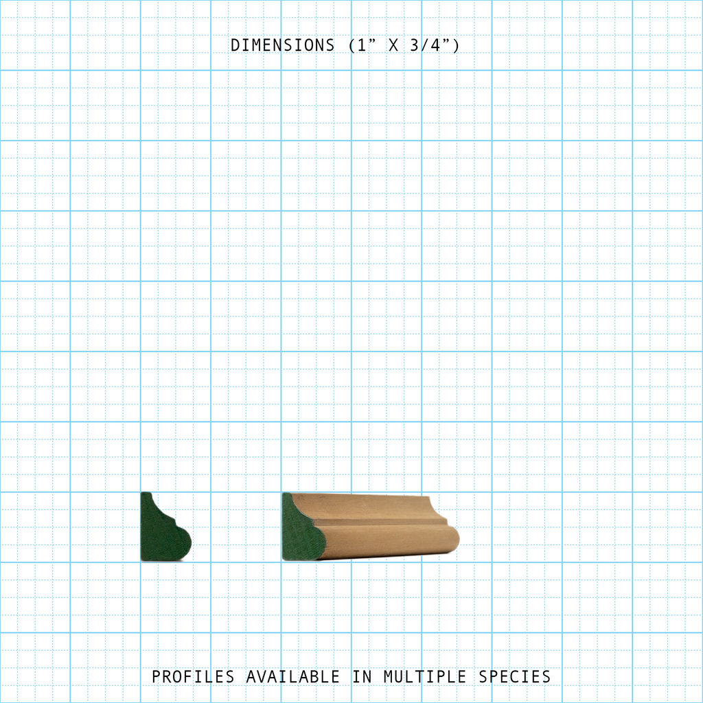 Base Cap molding profile in wood, with dimensions 1" x 3/4".