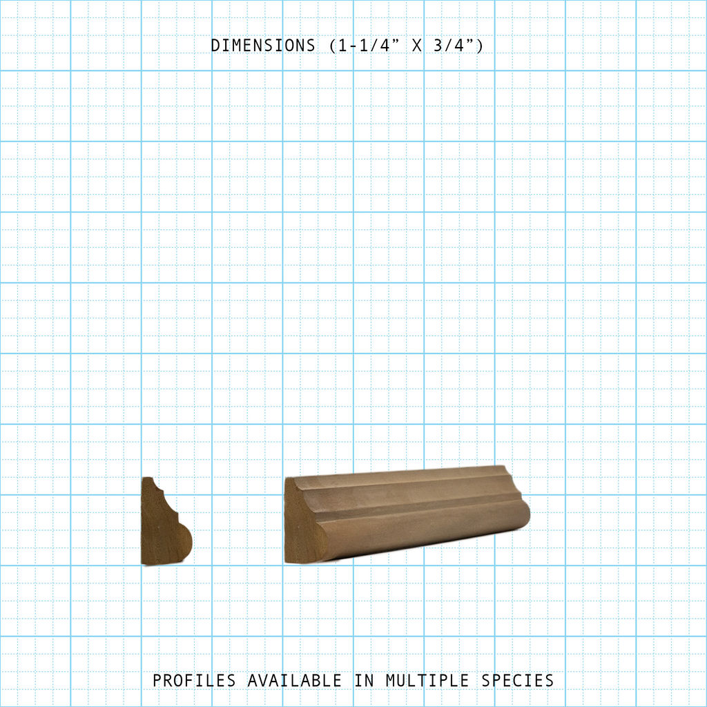 Wood Base Cap molding showing profile and length, 1-1/4" x 3/4" dimensions.