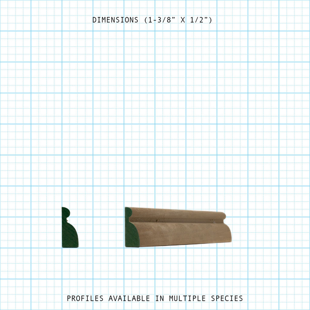Base Cap moulding profile with dimensions 1-3/8" x 1/2", shown in wood on a grid background.